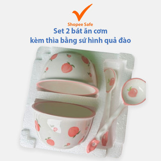 Set 2 bát ăn cơm kèm thìa bằng sứ hình quả đào – chén ăn cơm cho bé dễ thương