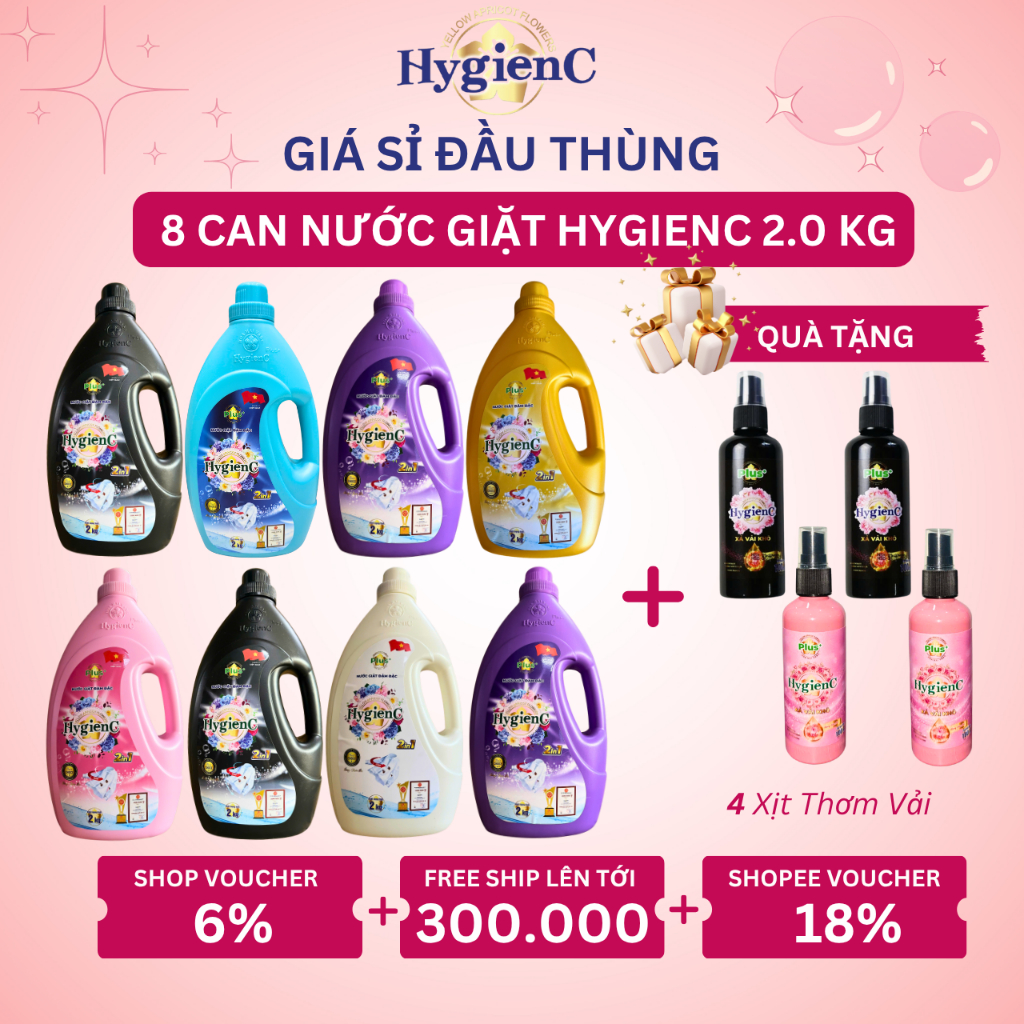 Combo 8 Can Nước Giặt HygienC Plus 2,0 Kg/Can Đậm Đặc Hương Nước Hoa - Sạch Vết Bẩn, Dưỡng Vải