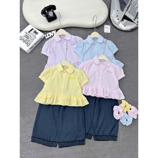 ( Hàng có sẵn ) Set áo sơ mi kẻ mix quần bò giấy cho bé gái tặng kèm dây buộc tóc