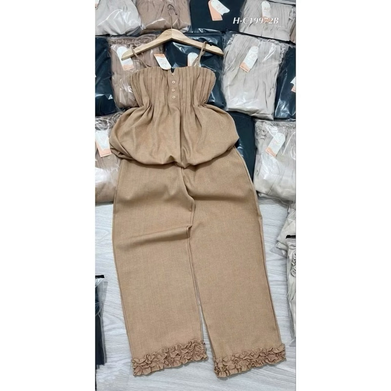 L377- SÉT BỘ ÁO 2 DÂY ĐÍNH NÚT XẾP LY BABYDOLL PHỐI QUẦN SUÔNG DÀI CHÂN PHỐI BÈO(38-55kg)