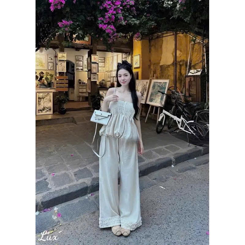 L377- SÉT BỘ ÁO 2 DÂY ĐÍNH NÚT XẾP LY BABYDOLL PHỐI QUẦN SUÔNG DÀI CHÂN PHỐI BÈO(38-55kg)