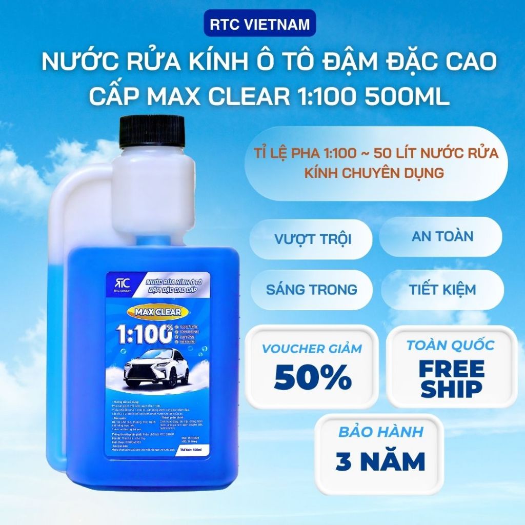 Nước Rửa Kính Ô Tô Đậm Đặc Cao Cấp MAX CLEAR RTC 500ML|Nước Rửa Kính Đậm Đặc 1:100|Tẩy Mốc Cặn Canxi