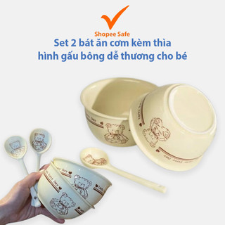 Set 2 bát ăn cơm sứ hình gấu bông kèm 2 thìa - chén hoạt hình dễ thương cho bé