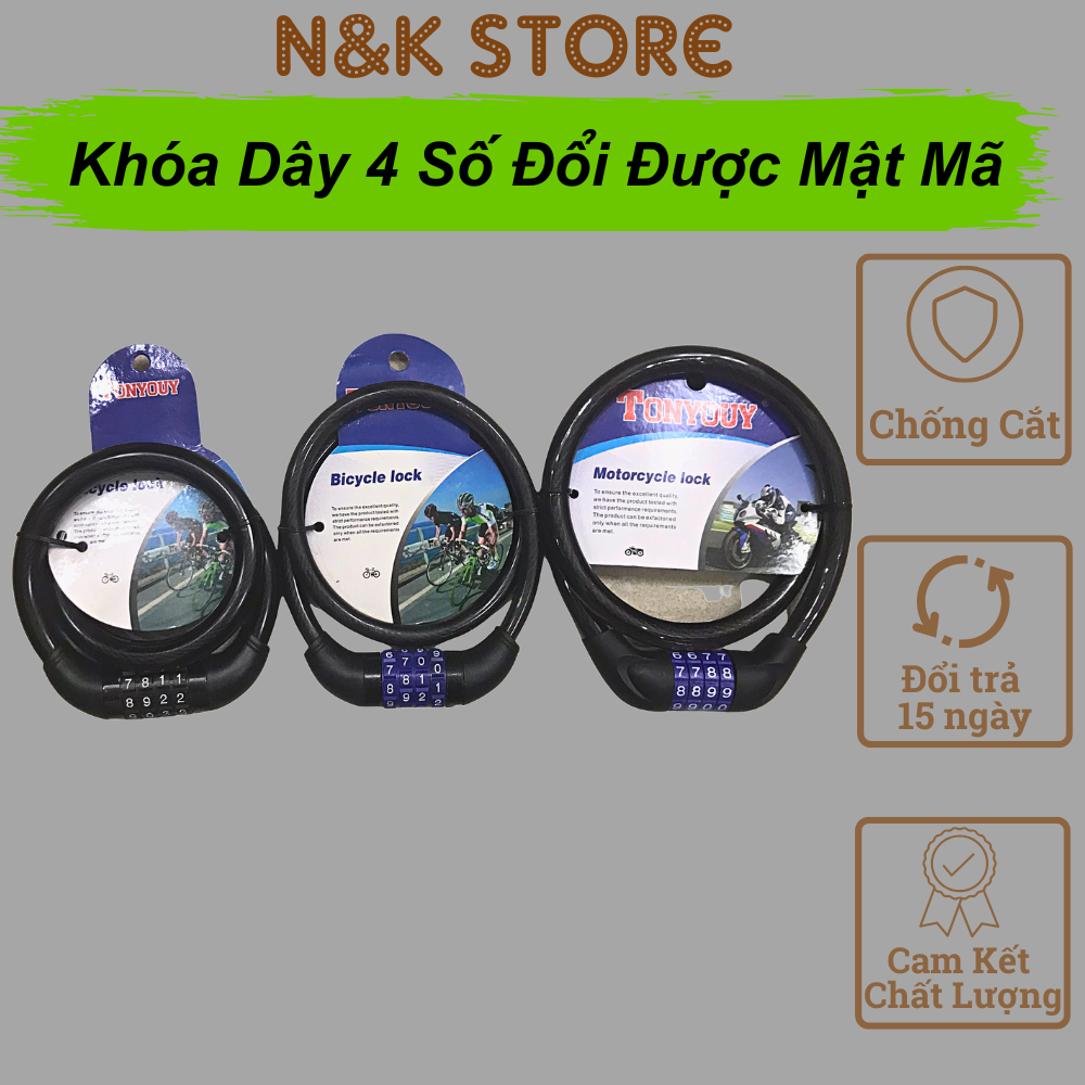 Dây khóa 4 số chống trộm xe đạp xe máy, khóa dây số khóa cửa khóa cổng chắc chắn