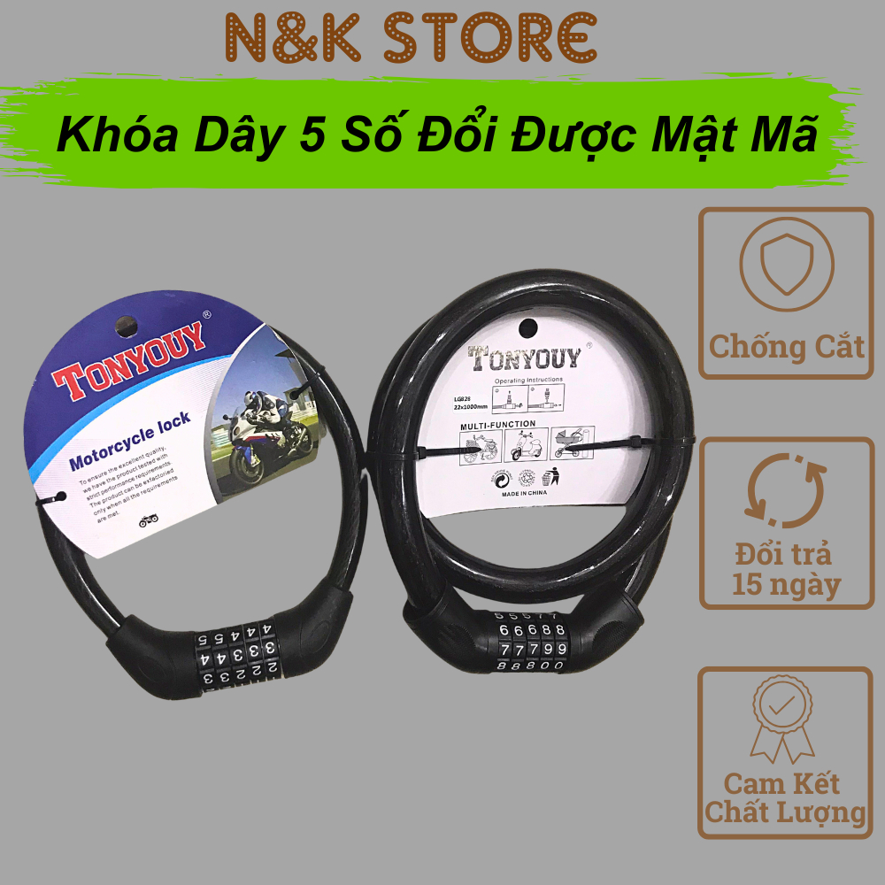 Khóa dây 5 số, dây khóa chống cắt xe máy xe đạp, khóa xe khóa cửa bền chắc