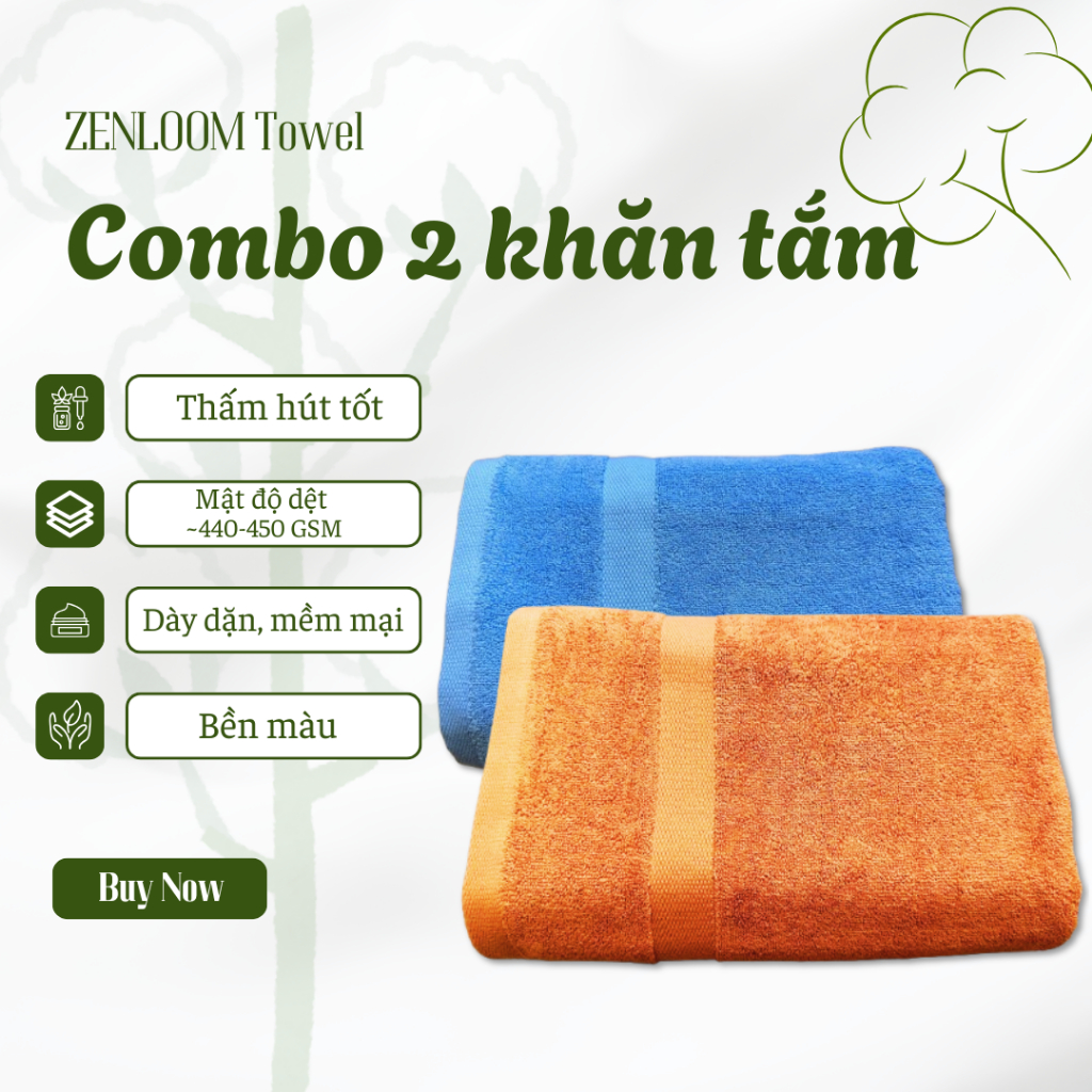 Combo 2 Khăn Tắm cotton 1m | Dày mịn, thấm hút tốt, không xổ lông – Dùng cho gia đình, spa, khách sạn