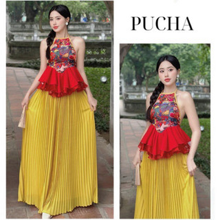 Sét áo yếm bèo phối váy dập ly 🔥hottrend  (váy yếm chụp sen, yếm múa, yếm Hội An, yếm Trung Thu)