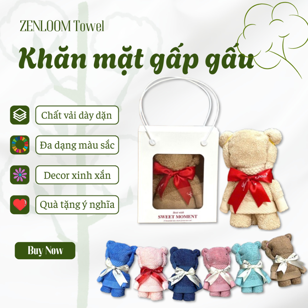 Khăn mặt 30x50cm gấp hình gấu 100% Cotton mềm mịn , thấm hút nước, không phai màu , không xù