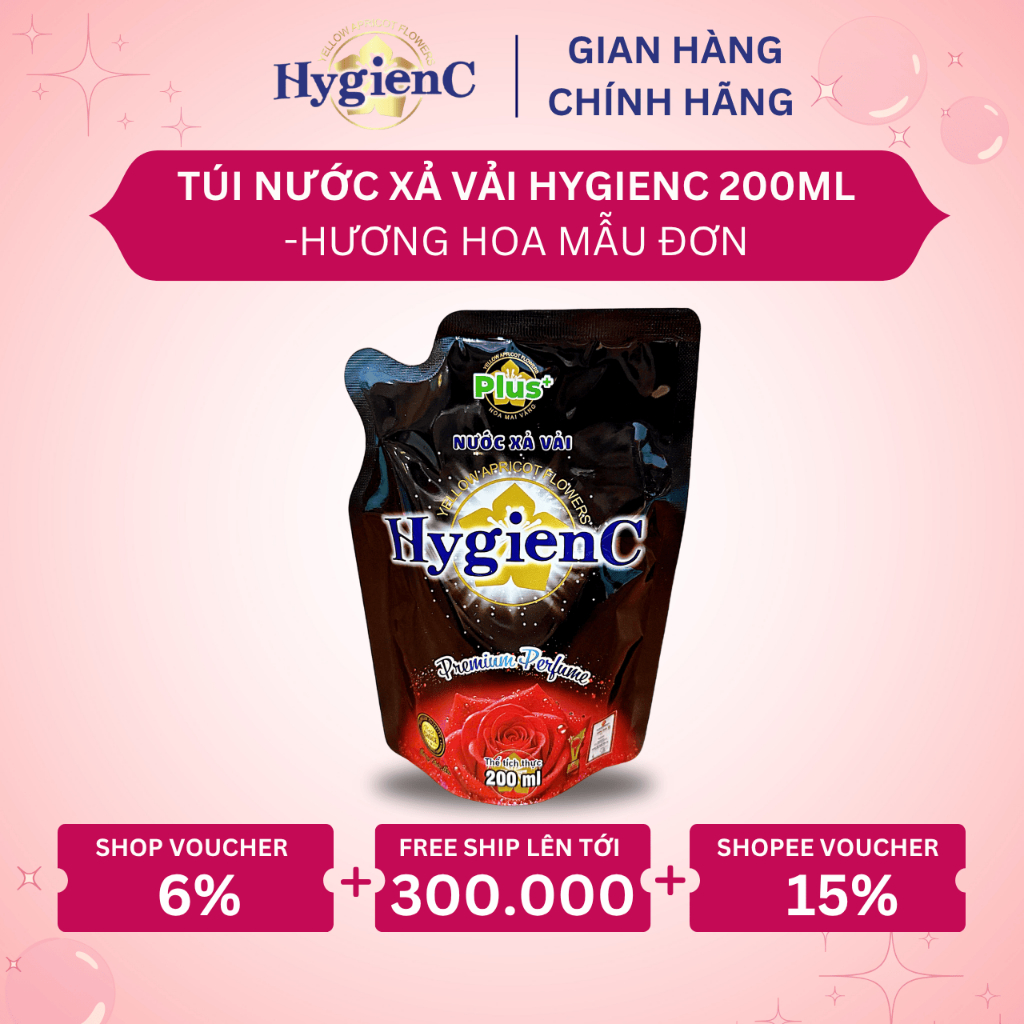 Túi Nước Xả Vải Đậm Đặc HygienC Plus 200ml Hương Nước Hoa - Lưu Hương 100 Giờ, Làm Mềm Vải