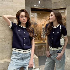 Áo len cộc tay thêu nơ phối cúc cổ tròn len lông thỏ mùa hè cao cấp ALC05 DELIZ