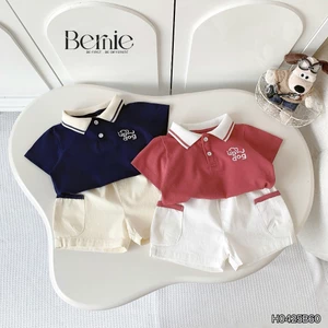Bộ polo thêu ngực phối màu bé trai, bộ polo cộc tay cổ bo dệt quần kaki H0425B60