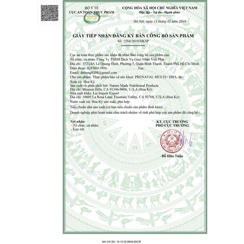 [Date 12/2027] Vitamin Tổng Hợp+DHA Prenatal Bầu Mỹ Nature Made Prenatal Folic Acid+DHA 150 Viên New