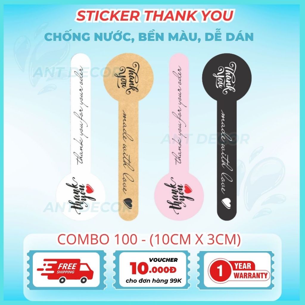 Tem dán THANK YOU dài, tem dán niêm phong chai hộp nhiều màu pastel, Decal Đẹp Mắt, Bền Màu, Chống Nước