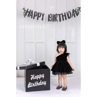 Váy Công Chúa Bé Gái ChoiChuu Nhung Đen Đính Đá Lệch Vai, Đầm Xòe Đi Tiệc Sinh Nhật Tặng Bờm Cao Cấp