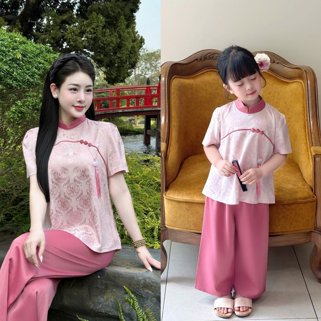 Set mẹ và bé đi chùa cổ tàu gấm vân thọ đính charm Bộ đi chùa cho mẹ bé gái cộc tay gấm mềm mát dễ thương