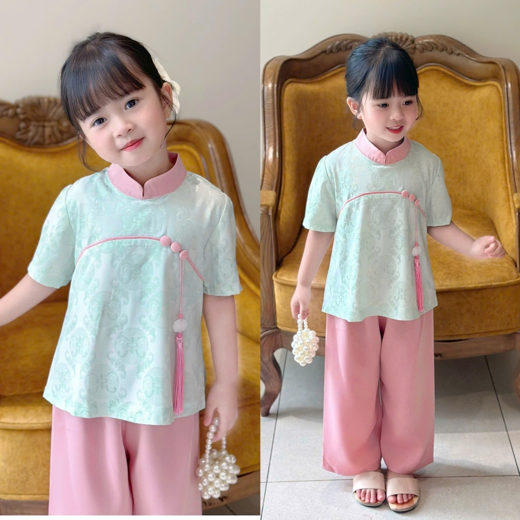 Set mẹ và bé đi chùa cổ tàu gấm vân thọ đính charm Bộ đi chùa cho mẹ bé gái cộc tay gấm mềm mát dễ thương
