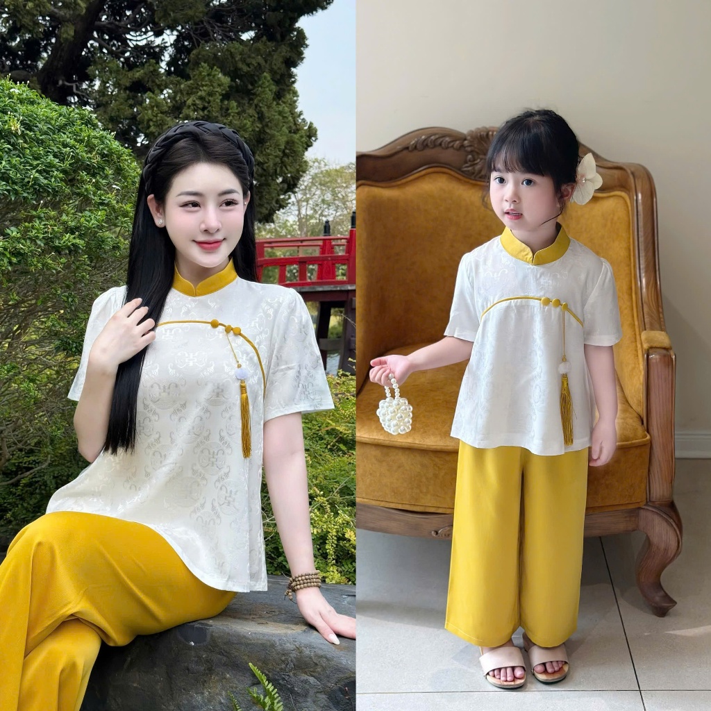 Set mẹ và bé đi chùa cổ tàu gấm vân thọ đính charm Bộ đi chùa cho mẹ bé gái cộc tay gấm mềm mát dễ thương