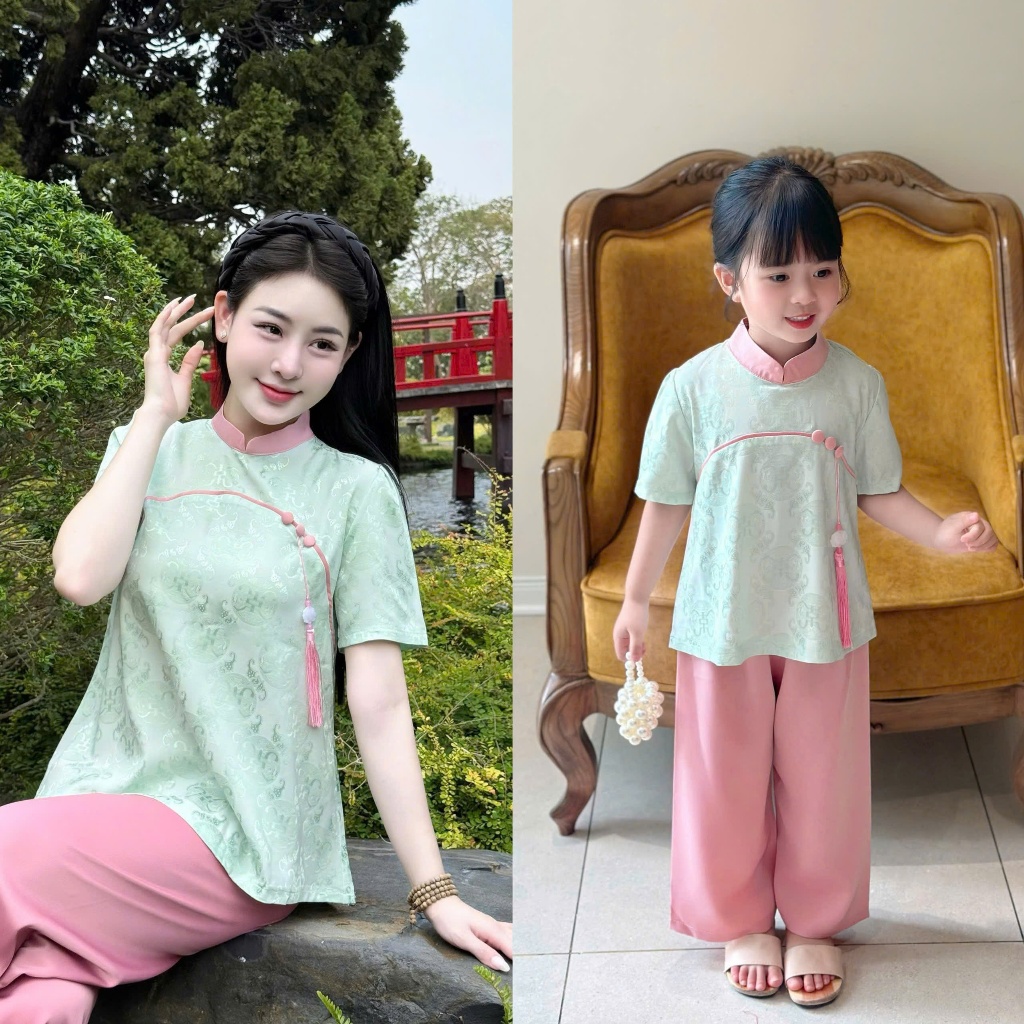 Set mẹ và bé đi chùa cổ tàu gấm vân thọ đính charm Bộ đi chùa cho mẹ bé gái cộc tay gấm mềm mát dễ thương