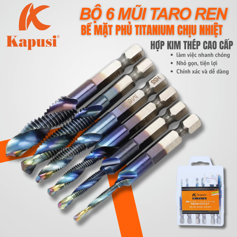 Bộ 6 mũi khoan Taro ren KAPUSI Japan, cỡ từ M3-M10 thép cao cấp HSS