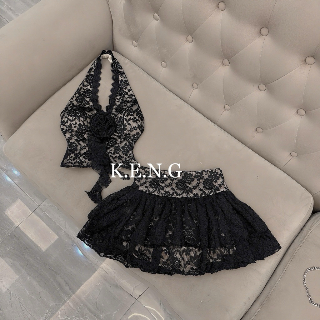 Set áo yếm ren đính hoa ngực chân váy tầng xoè xinh