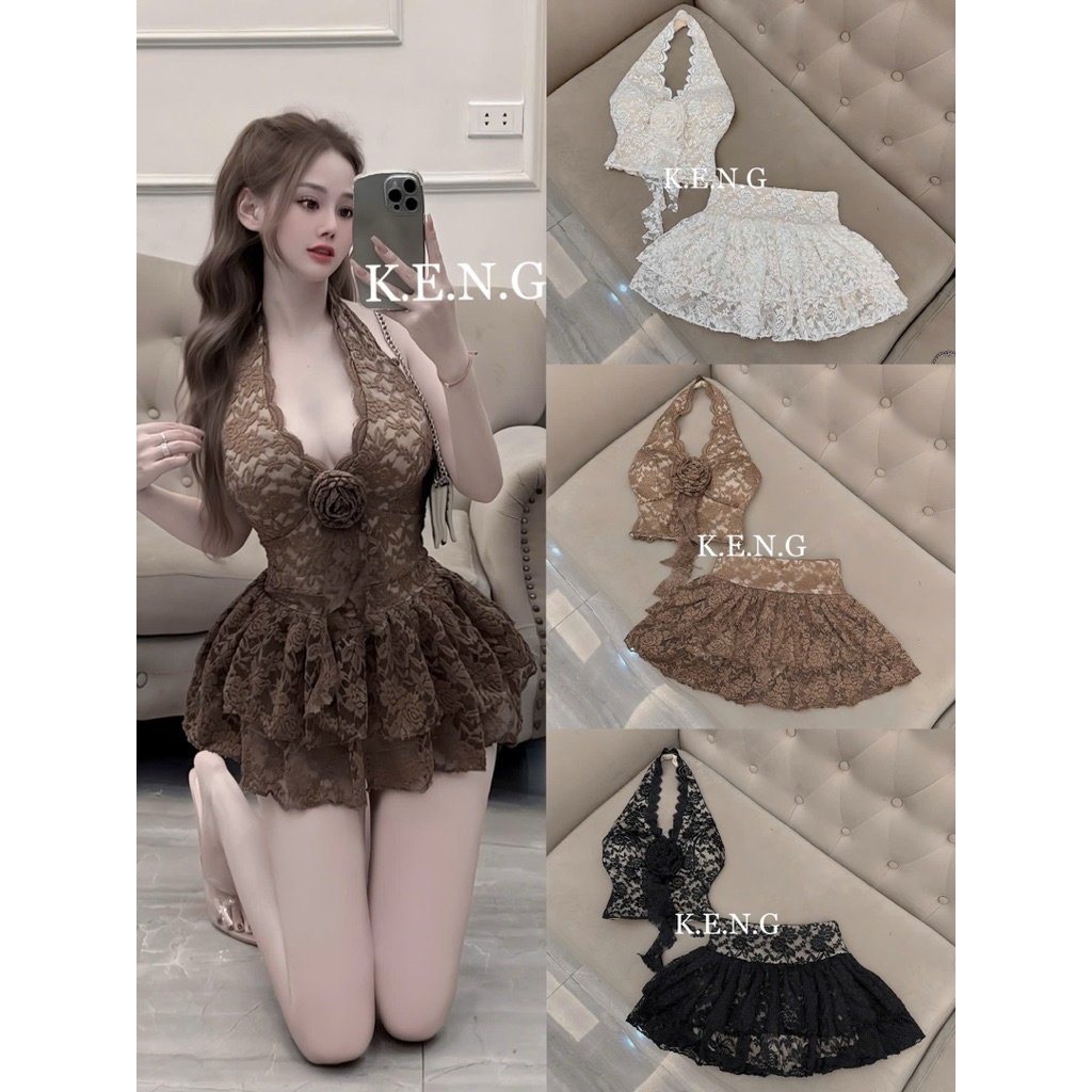 Set áo yếm ren đính hoa ngực chân váy tầng xoè xinh
