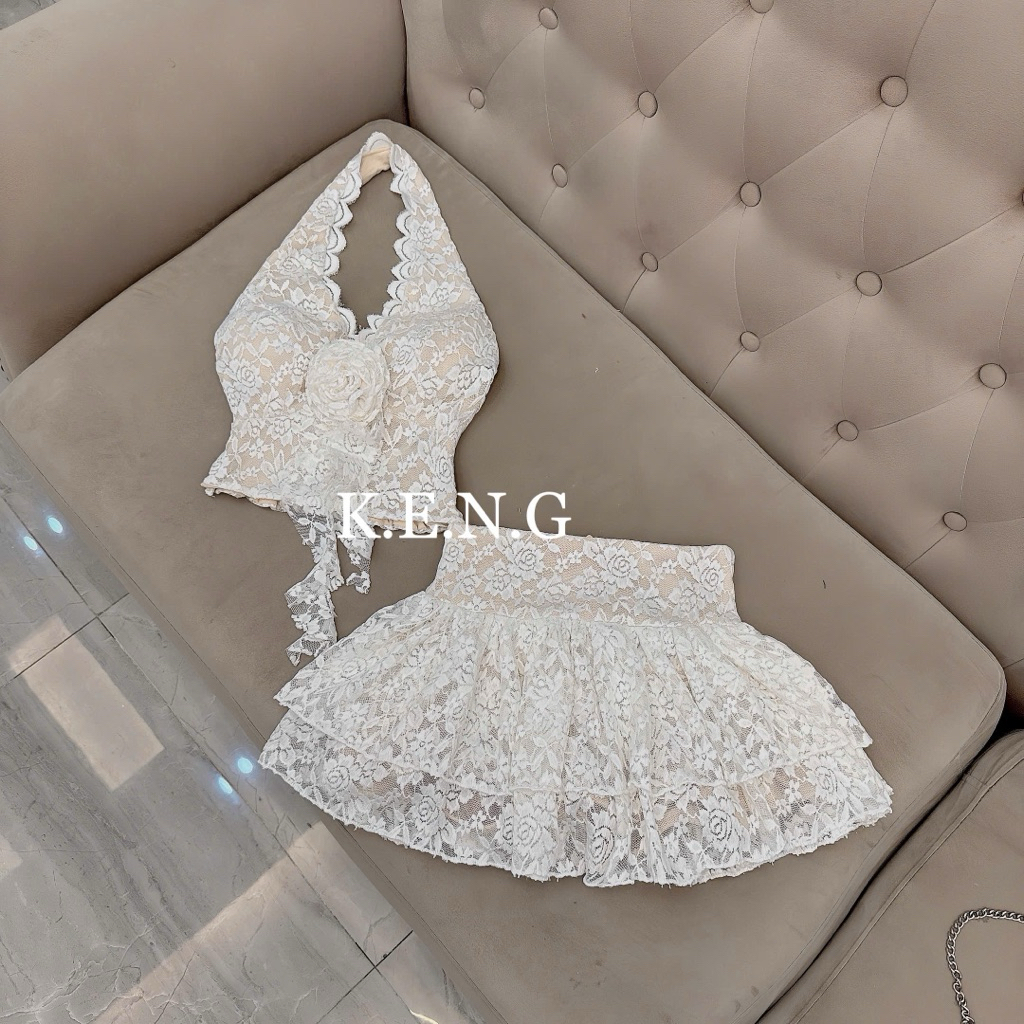 Set áo yếm ren đính hoa ngực chân váy tầng xoè xinh