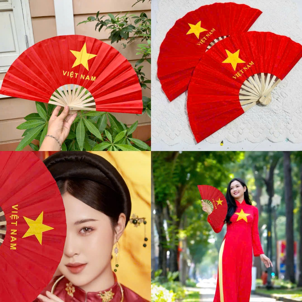 10 Quạt vải Cờ Đỏ Sao Vàng Quạt Vải Lụa Loại Dày Đẹp Dùng Biểu Diễn, Cổ Động Quốc Khánh