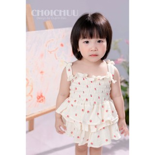 Set Áo Chân Váy hình dâu tây ChoiChuu Màu Trắng Kem Đáng Yêu, Chất Muslin Mềm Thoáng Mát