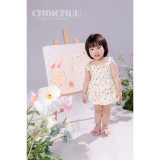 Set Áo Chân Váy hình dâu tây ChoiChuu Màu Trắng Kem Đáng Yêu, Chất Muslin Mềm Thoáng Mát
