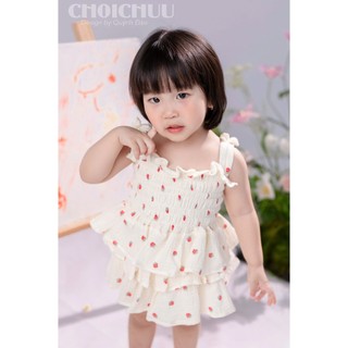 Set Áo Chân Váy hình dâu tây ChoiChuu Màu Trắng Kem Đáng Yêu, Chất Muslin Mềm Thoáng Mát