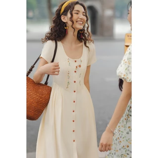 511DR20061 - Đầm midi đũi mềm kem thêu hoa ADORE