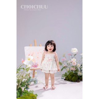 Set Áo Dây Thắt Nơ Và Quần Chất Thô Hàn ChoiChuu Mềm Mịn Thoáng Mát, Màu Trắng Kem Đáng Yêu