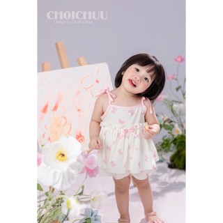 Set Áo Dây Thắt Nơ Và Quần Chất Thô Hàn ChoiChuu Mềm Mịn Thoáng Mát, Màu Trắng Kem Đáng Yêu