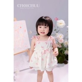 Set Áo Dây Thắt Nơ Và Quần Chất Thô Hàn ChoiChuu Mềm Mịn Thoáng Mát, Màu Trắng Kem Đáng Yêu