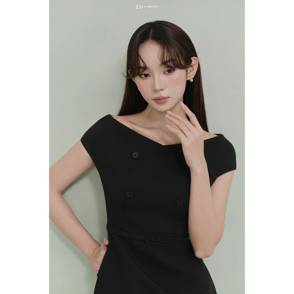 Đầm Cổ Ngang Giao 2 Hàng Khuy 1S59.2507K | Đầm A-line không tay thanh lịch công sở – Dự tiệc Thiết Kế Bởi JM Dress