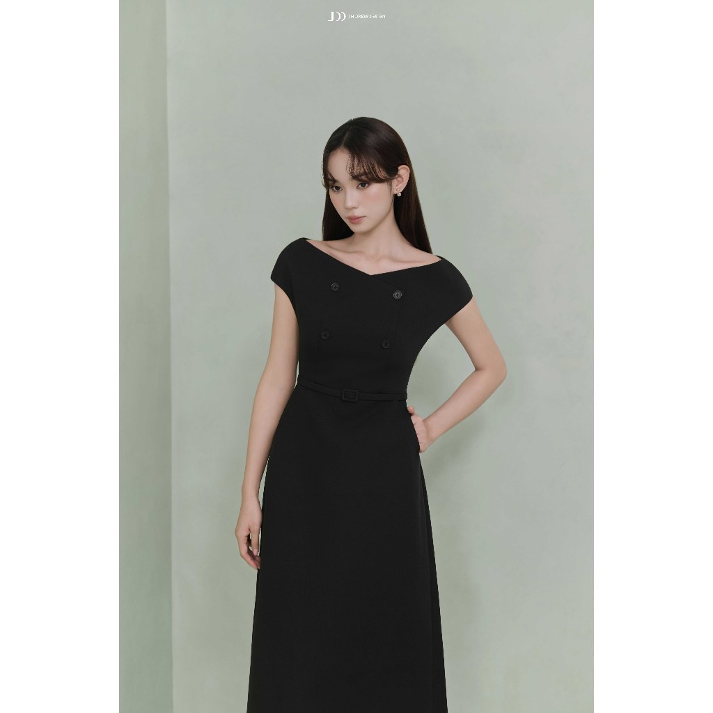 Đầm Cổ Ngang Giao 2 Hàng Khuy 1S59.2507K | Đầm A-line không tay thanh lịch công sở – Dự tiệc Thiết Kế Bởi JM Dress