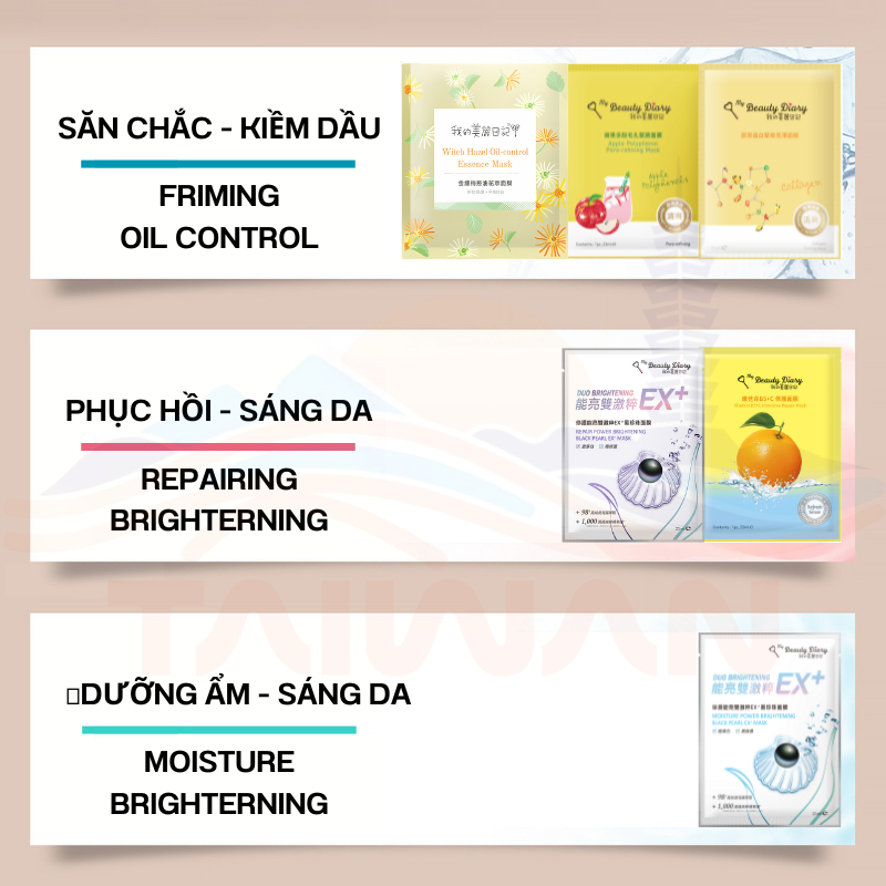 [Bản Đài] Hộp 8 miếng mặt nạ My Beauty Diary chăm sóc da, phục hồi, dưỡng ẩm và sáng da 23ml/miếng
