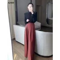 Set bộ áo sơ mi lụa phối quần culottes ống rộng cạp cao A2489