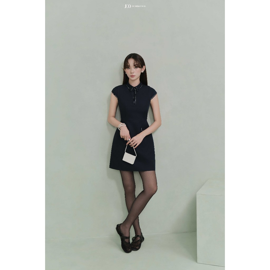 Đầm Dáng A Cổ Đức Diễu Chỉ 1S58.2507K | Đầm Mini Công Sở Preppy Chic Thanh Lịch Hiện Đại Thiết Kế JM Dress Design