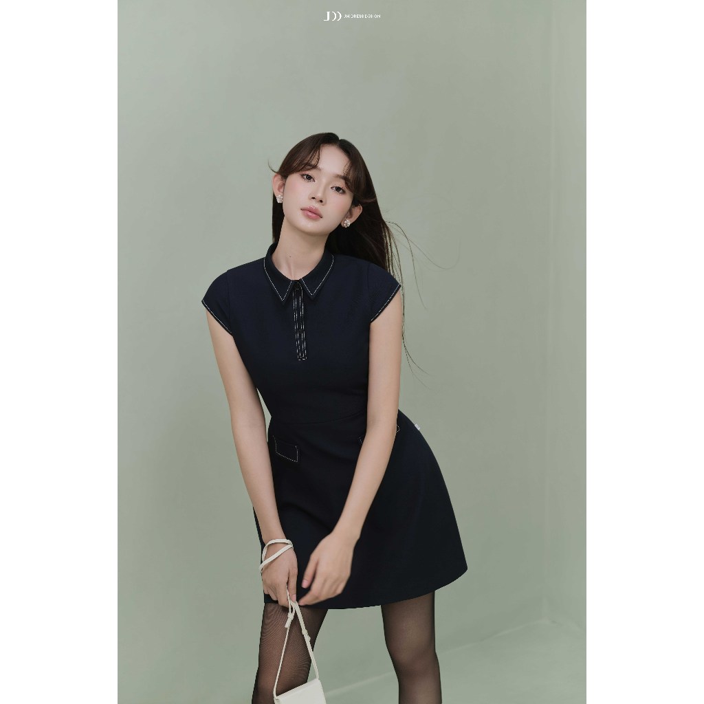 Đầm Dáng A Cổ Đức Diễu Chỉ 1S58.2507K | Đầm Mini Công Sở Preppy Chic Thanh Lịch Hiện Đại Thiết Kế JM Dress Design