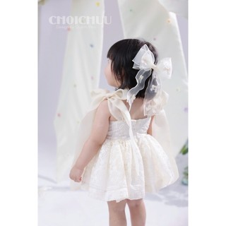 Váy Đầm Công Chúa Cho Bé Gái ChoiChuu Thiết Kế Dáng Xòe Ren Màu Trắng Kem, Phối Nơ Vai Kèm Quần Chip