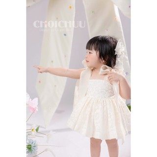 Váy Đầm Công Chúa Cho Bé Gái ChoiChuu Thiết Kế Dáng Xòe Ren Màu Trắng Kem, Phối Nơ Vai Kèm Quần Chip