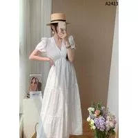 Đầm xuông maxi thô ren 2 màu đen trắng A2413