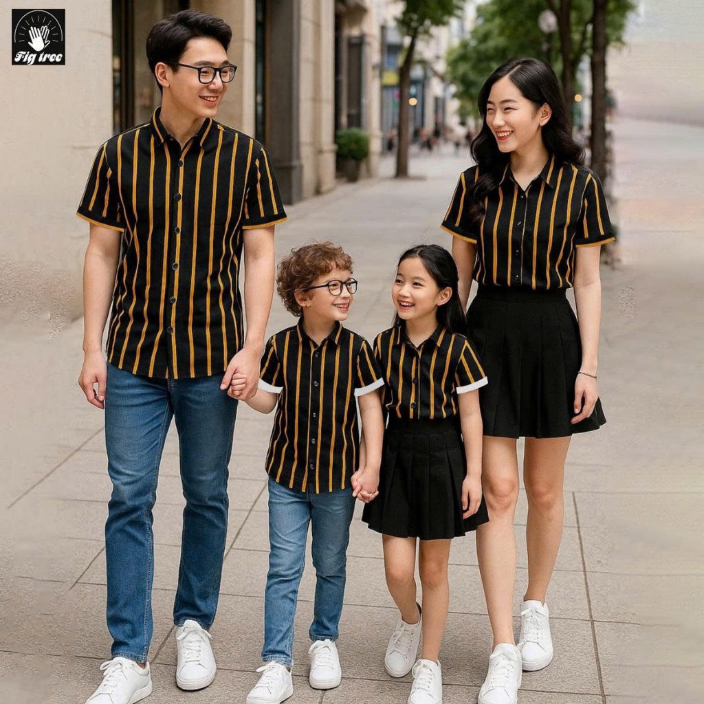 Áo Sơ Mi Gia Đình Tay Ngắn Fig Tree Sọc Vàng Nền Đen, Set Đồ Cho Gia Đình Đi Tiệc, Đi Chơi, MS 161