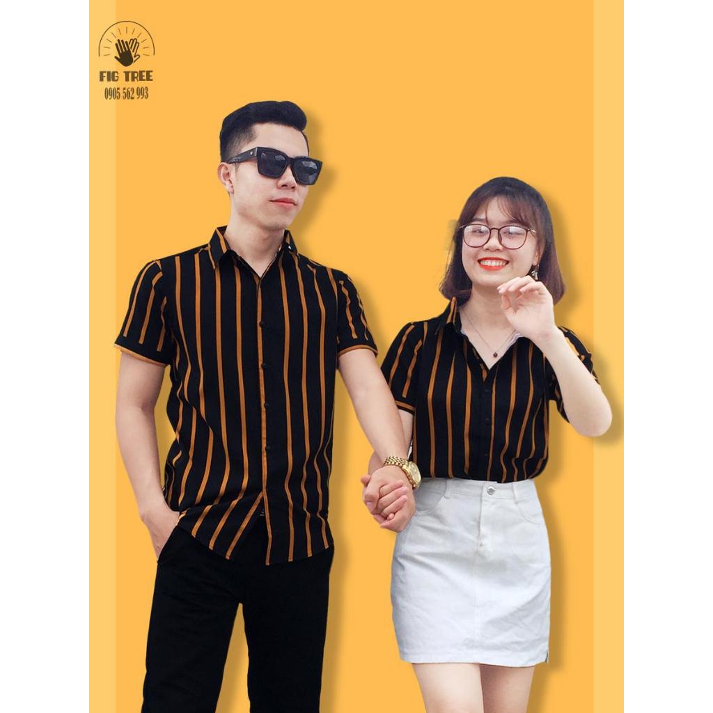 Áo Sơ Mi Gia Đình Tay Ngắn Fig Tree Sọc Vàng Nền Đen, Set Đồ Cho Gia Đình Đi Tiệc, Đi Chơi, MS 161