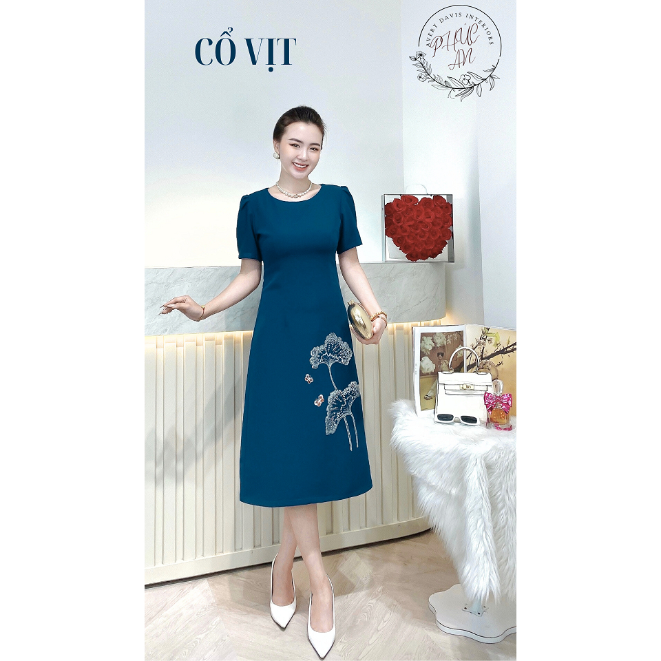 Thời trang Trung niên-Dự tiệc-Đầm-Váy- thêu  cao cấp Lá Sen kim sa phale