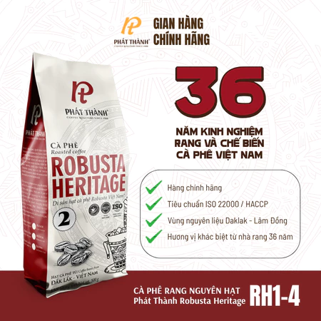 Cà phê nguyên hạt Robusta Heritage RH2 - Pha máy & phin - ROBUSTA, CULI - Đậm, không chua - Cà phê Phát Thành gói 500g