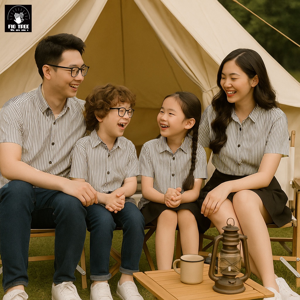 Set Đồ Gia Đình Fig Tree Sọc Trắng Đen Mát Mẻ Cho Hè Du Lịch, chất mềm mịn, hàng thiết kế, MS 159