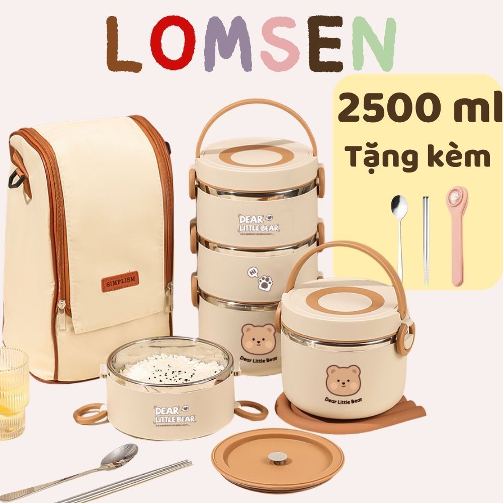 Cà Mên Tầng Inox 304 LOMSEN 1/2/3 tầng - 4 lớp ruột inox (Tặng kèm ...