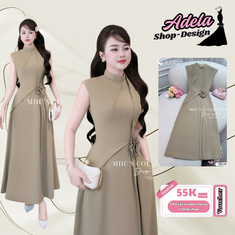 Váy Dạo Phố ADELA DESIGN Phần Cổ Đứng Hiện Đại Kết Hợp Chiết Eo Phối Hoa Nổi Trẻ Trung, Trang Nhã MDU4957